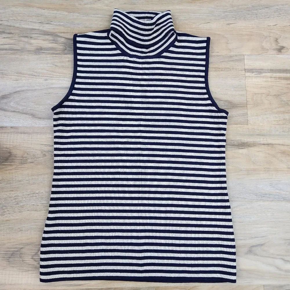 ☔️🔺️Grace Metallic Gold & Blue Striped Turtleneck Sleeveless Top Large